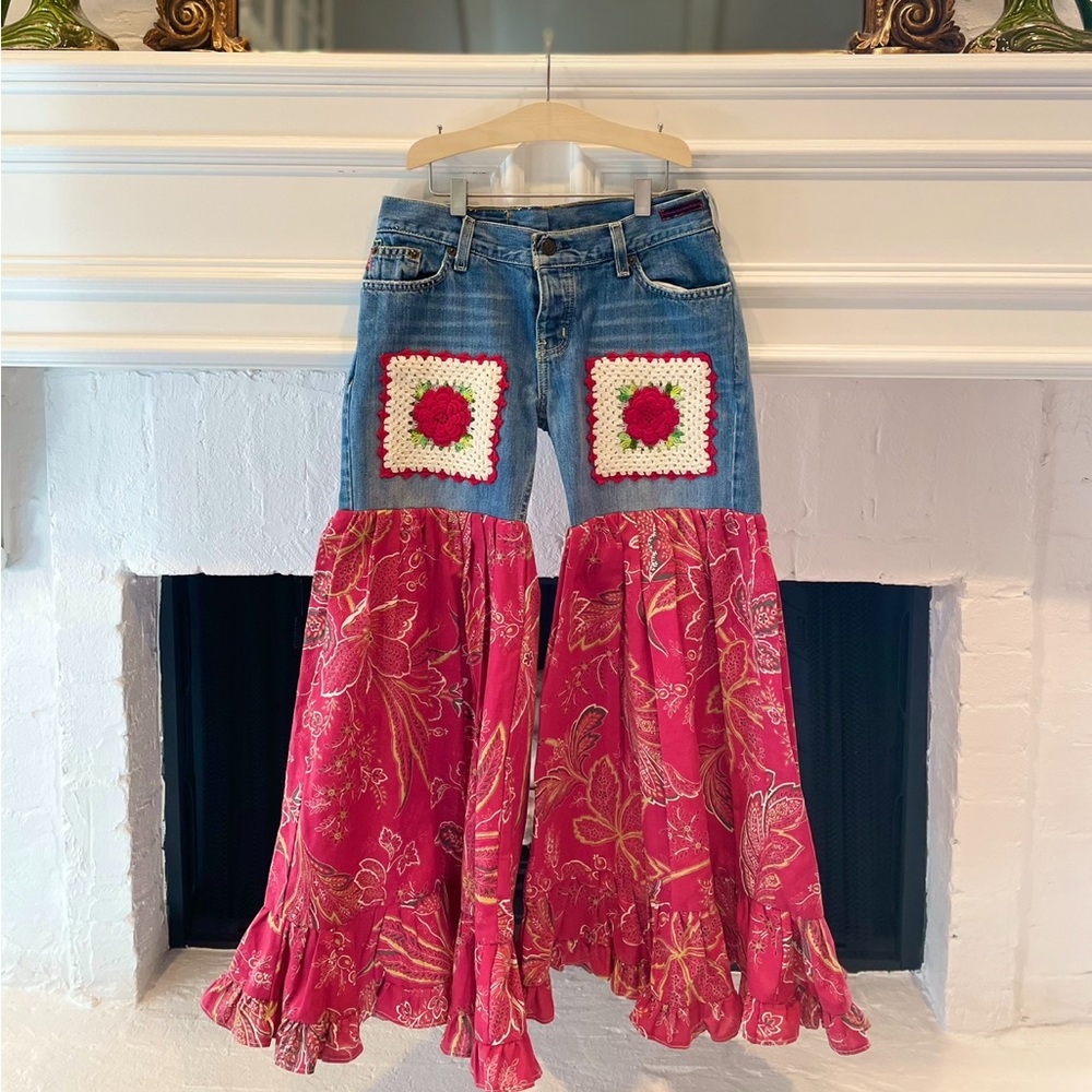 Olivia Grace Upcycled Boutique Vintage Wide Leg Red Flare Hot Pad Crochet Jeans